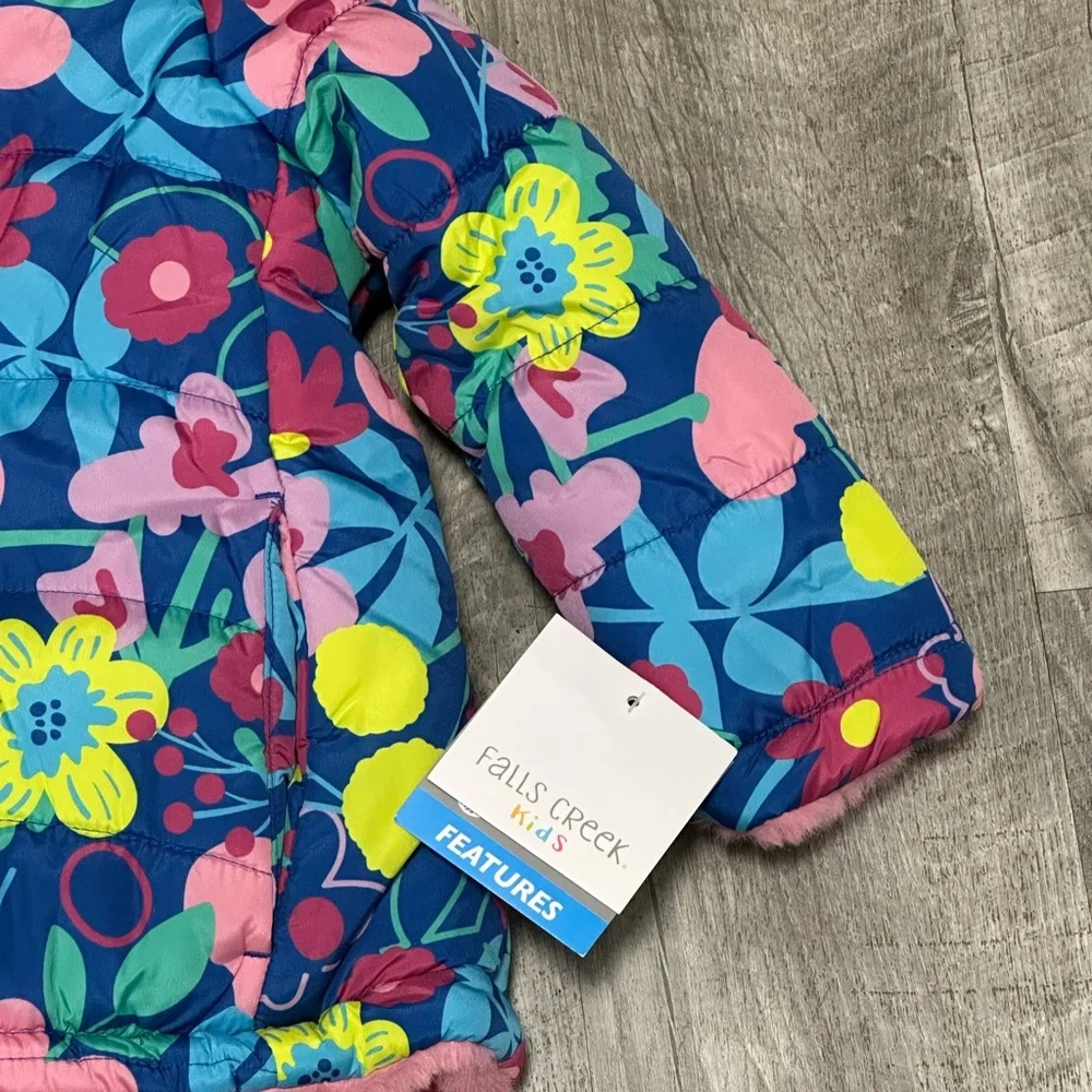 Falls Creek Girls 2T Toddler Reversible Puffer Jacket Coat Faux Fur Flowers Hood - Picture 8 of 9